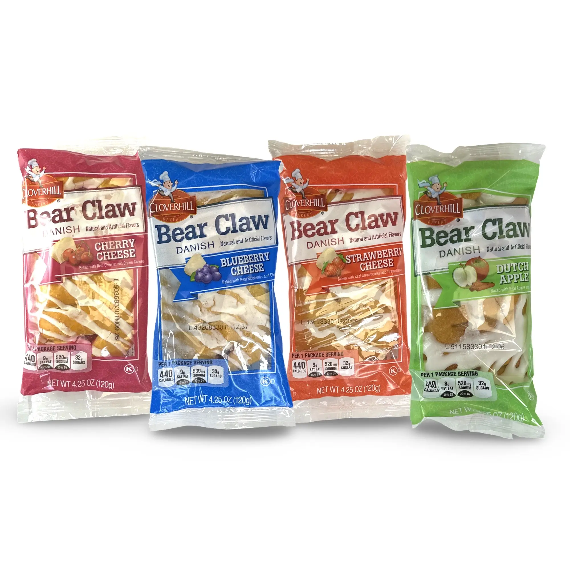 Cloverhill Danish Fruit Pastry Variety Pack | Strawberry, Cherry, Blueberry and Apple Bear Claws | Pack of 12