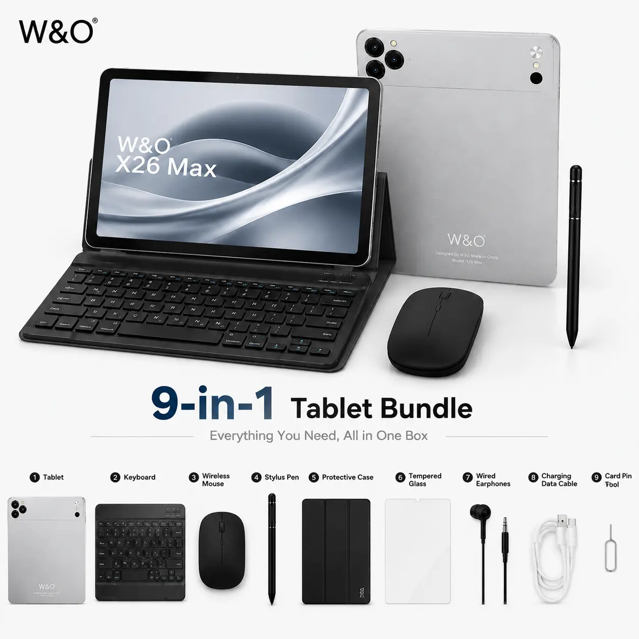 W&O X26 Max 10.95" Screen Android 15 Tablet - 12GB RAM+256GB ROM, Octa-Core Processor,20MP Dual Camera, SIM/Micro SD Support, Keyboard-Mouse-Stylus Case Bundle, Bluetooth Wireless Digital Device for Work/Study, Back to School Gift, Stre back-to-school