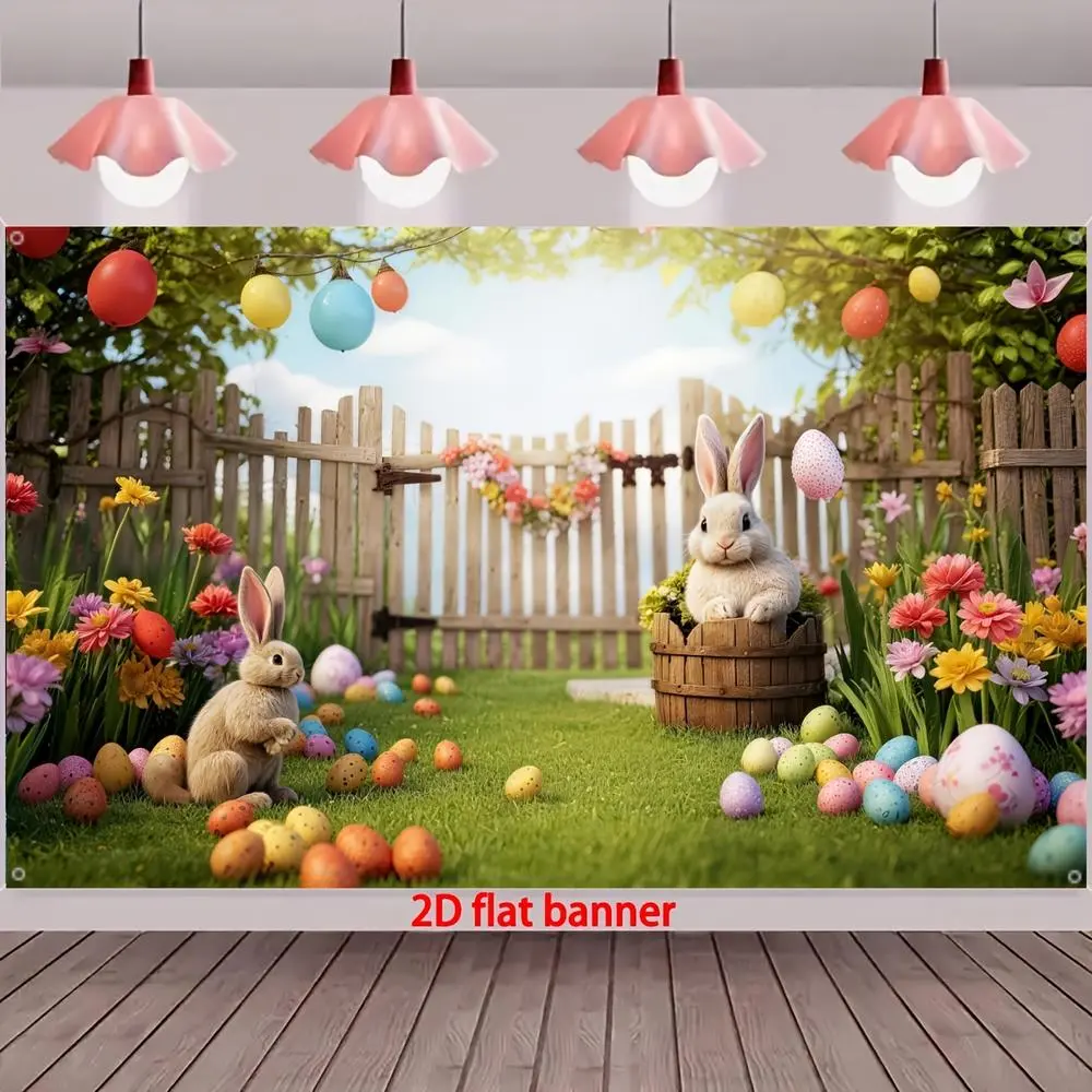 1pc Reusable 2D Flat Easter Party Backdrop Banner, Flat Banner Photo Backdrop for Easter Egg Hunt & Birthday, Polyester Home Festive Decoration with Spring Rabbit, Colorful Eggs, Green Grass, Photo Backdrops
