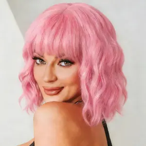 Pastel Pink Wavy Bob Wig for Women, Short Shoulder Length Synthetic Wig with Bangs, Natural Looking Lightweight Hairpiece for Gift & Cosplay Costume Party