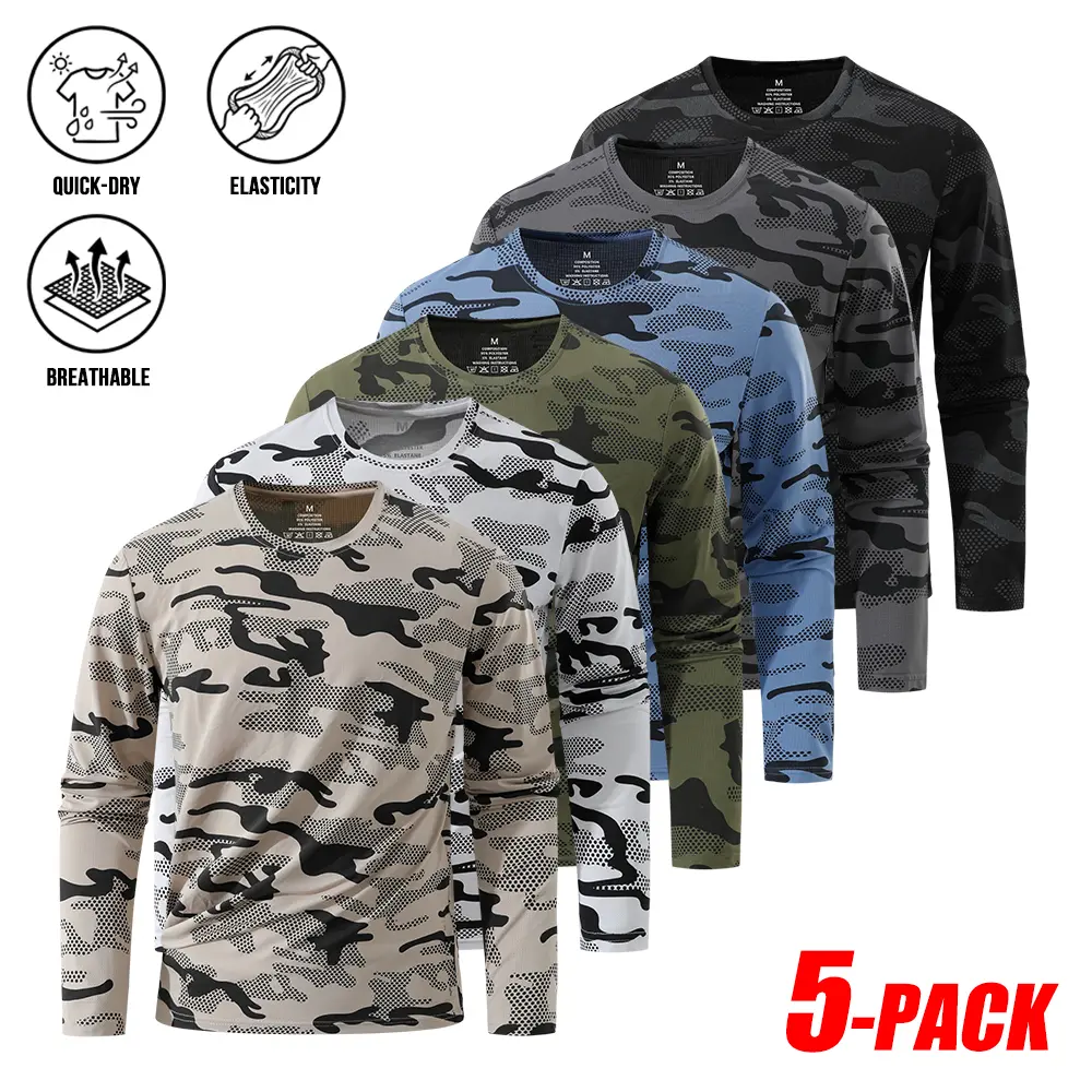 5-PACK Men's Camouflage Long Sleeve Athletic Shirts, Quick Dry Breathable Elastic Fabric, Crew Neck Performance Active Tops, Clean Fit Minimal Urban Active Streetwear Shirts For Running Gym Training Outdoor Sports Daily Outfit Value Pack