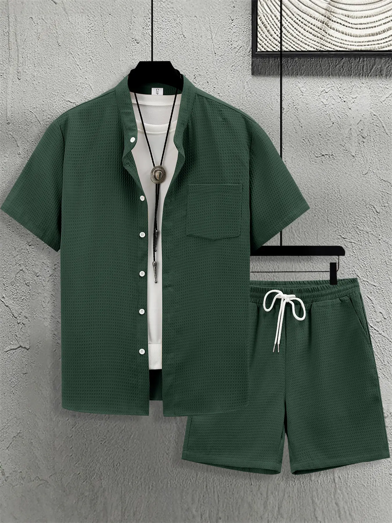 Men's Dark Green Textured, Plain 2-Piece Casual Outfit Set, Clothes - Short-Sleeve Mandarin Collar Button Shirt (with Chest Pocket) + Matching Drawstring Waist Shorts, Waffle-Knit Fabric, Relaxed Fit, for Daily, Café & Weekend Wear