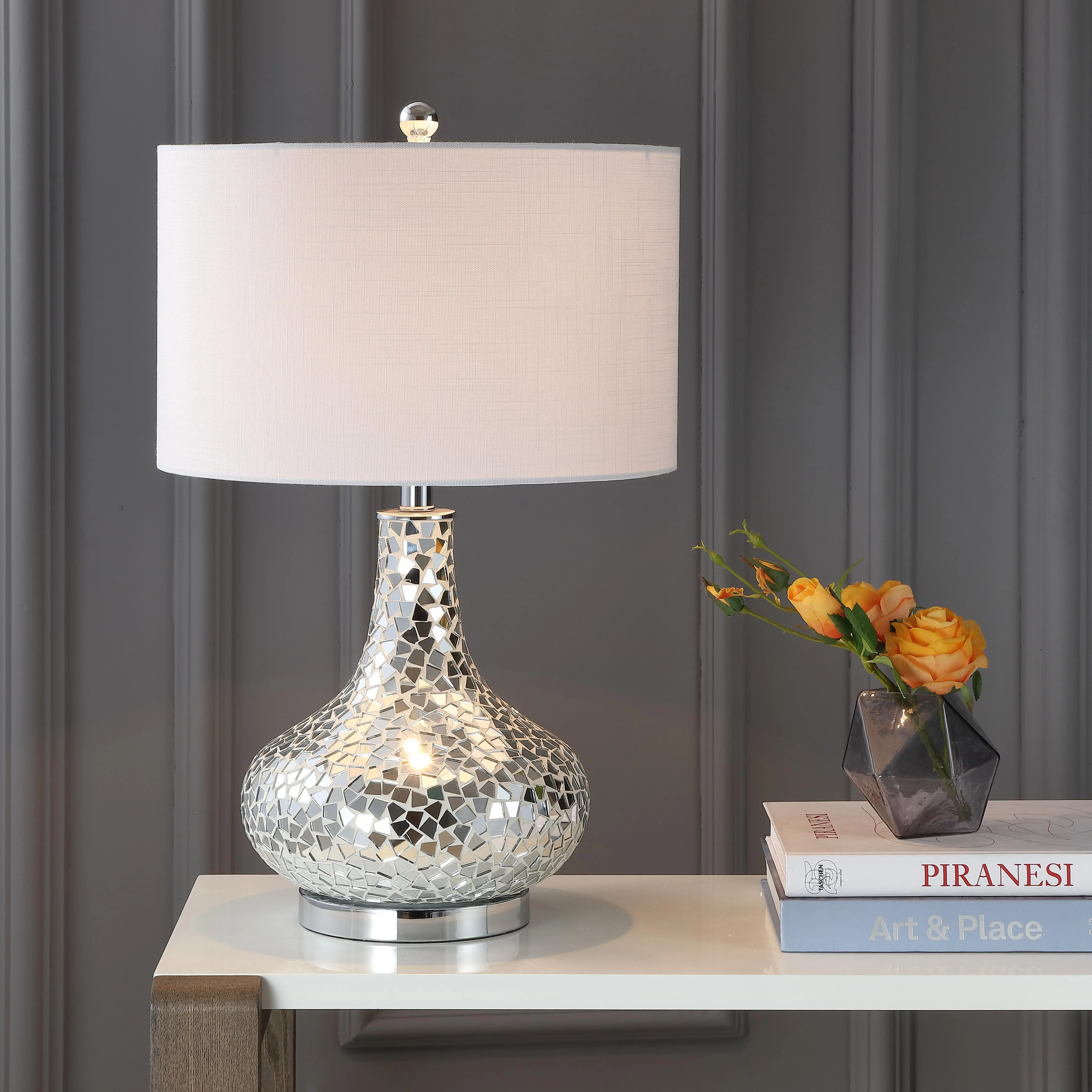JONATHAN Y Emilia LED Table Lamp 26" Mirrored Mosaic Glam Bedside, Silver | Teardrop Shape, White Linen Drum Shade, Chrome Metal Base, Contemporary Transitional, Nightstand Desk, LED Bulb Included