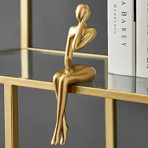 Golden Sitting Figure Sculpture, 1 Piece Modern Home Decor Figurine for Bookshelf, Mini Sitting Thinker Statue, Desktop Figurine