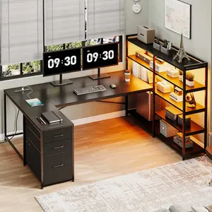 Sedeta 64.5-in Modern Multi-Functional L-Shaped Gaming Desk - Reversible Wood Top Corner Table with Storage Drawers, Metal Frame, Space-Saving Multi Functional Desk for Gaming Monitor, Home Office Use, Desks For Gaming