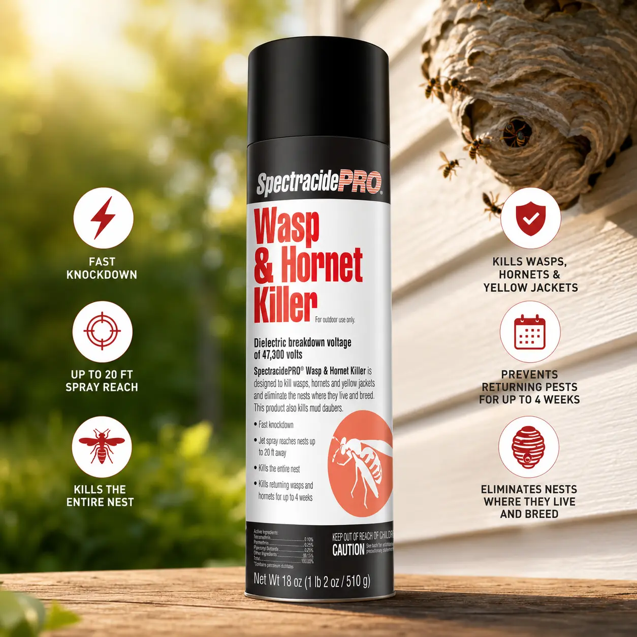 SpectracidePRO Wasp & Hornet Killer - 18 oz, 20-ft Jet Spray Home Pest Control Solution, Insect Deterrent for Multi-Insect Management, Insect Deterrent Multi-Insect
