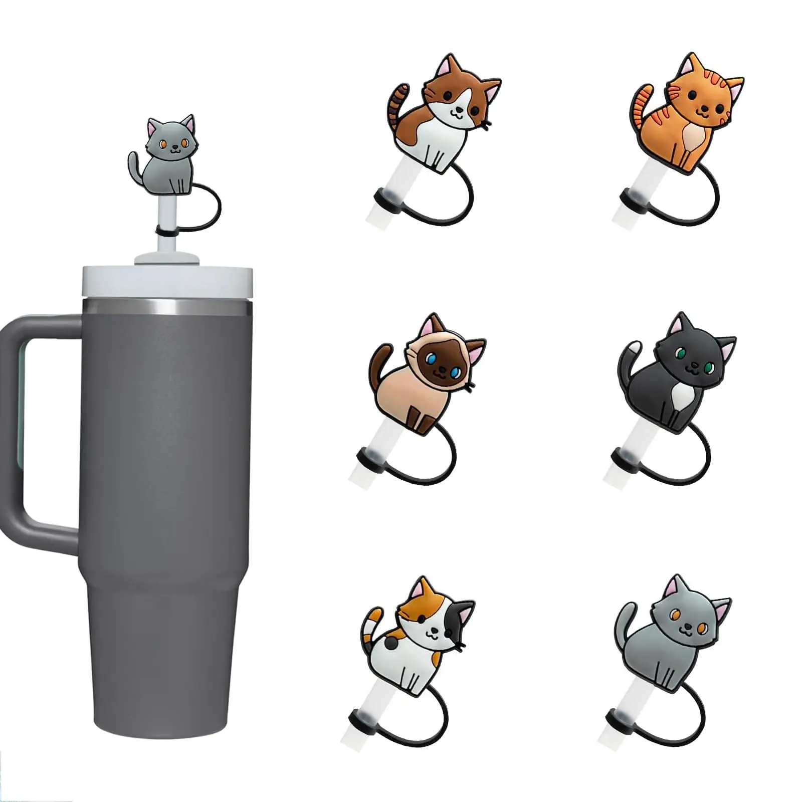 Cute Cat Design Straw Topper Cap, Straw Toppers for Tumblers, Tumbler Straw Lid, 6 Counts/set Silicone Straw Cover, Straw Tips Cover Protector Plugs for 40oz 30oz Tumblers with Handle, Kitchenware Drink Protectors