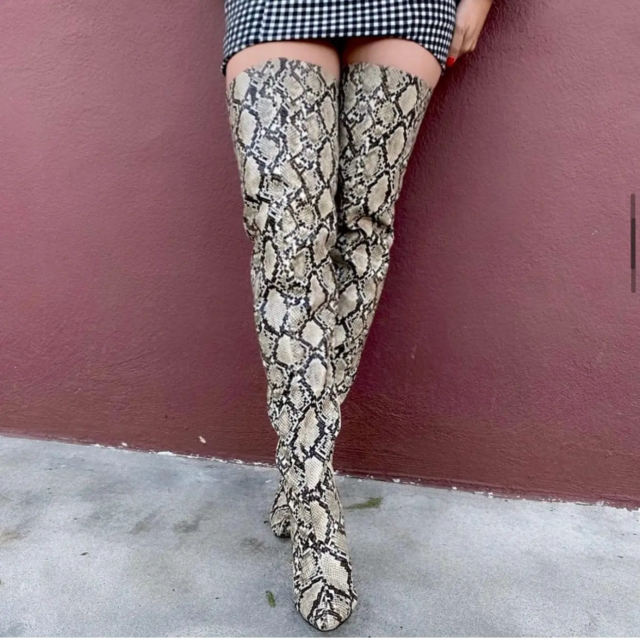 ODESSA Block Heel Thigh Boots - Beige Snake