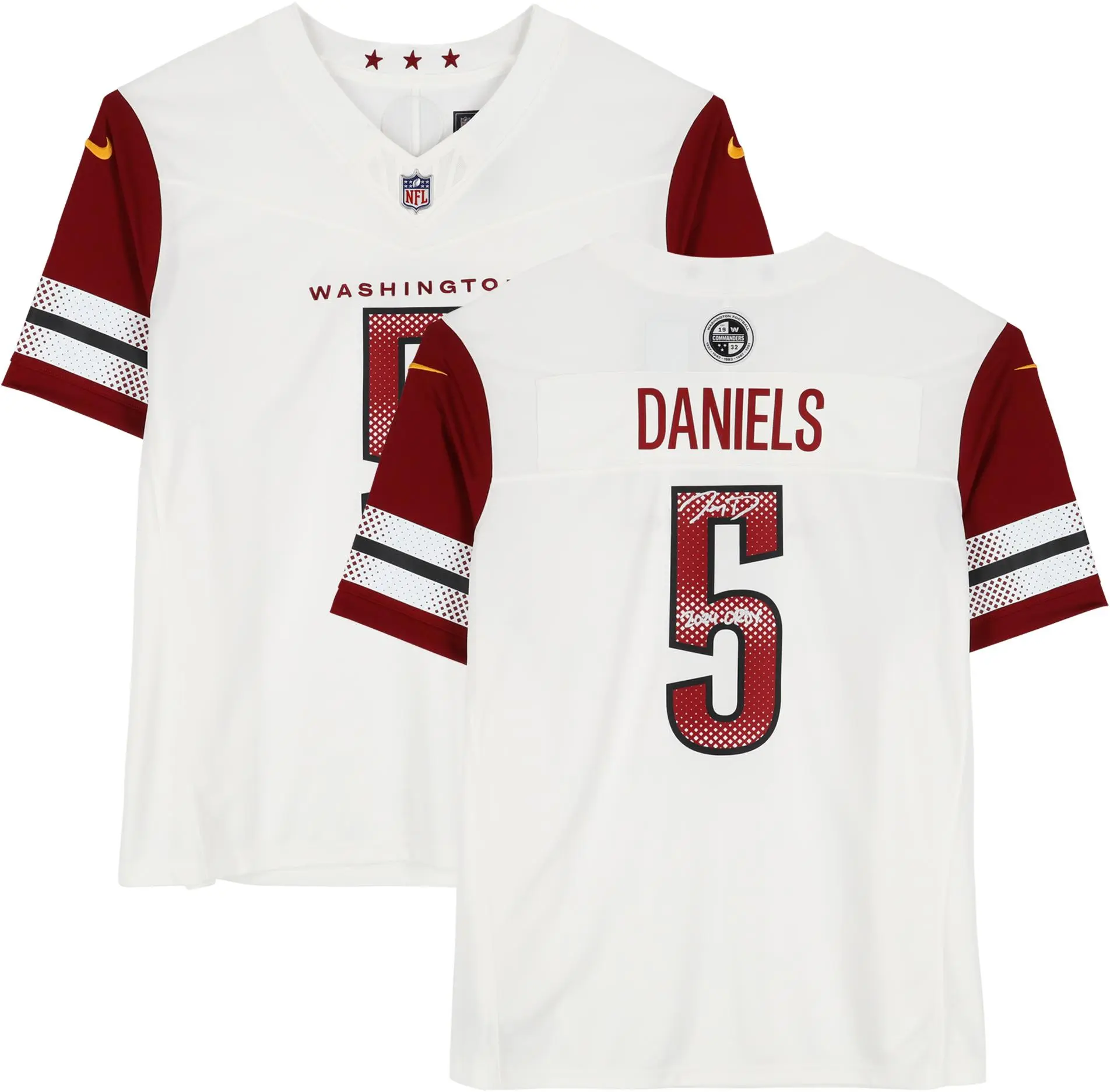 Jayden Daniels Washington Commanders Autographed Nike White Vapor Fuse Limited Jersey with "2024 OROY" Inscription - Fanatics Authentic Certified