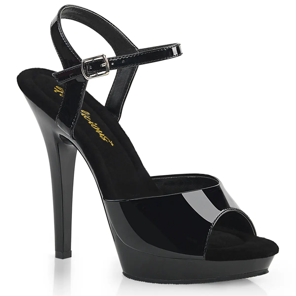 Women's Glossy Black Patent Leather Peep-Toe Stiletto Sandals - Buckle Adjustable Strap Footwear, Formal/Party Use, 5-in Heels, 0.75-in Platform, Padded, Bold Polished Look, Model LIP-109, Heels for Women