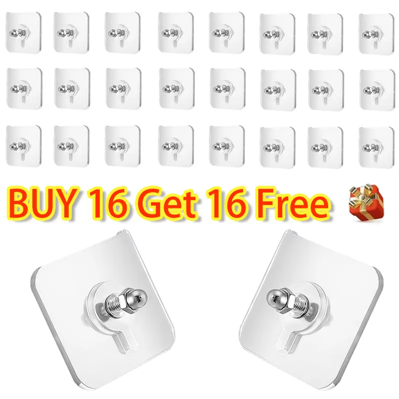 BUY 16 Get 16 Free 32-Piece No-Drill Screw Stickers, Strong Adhesive No-Nail, No Drilling Required Adhesive Wall Hooks Wall Mount Screw Hooks Picture Hangers Only for Smooth Surfaces (Not for Wallpaper/Textured Walls) Room Organization Products Organiser