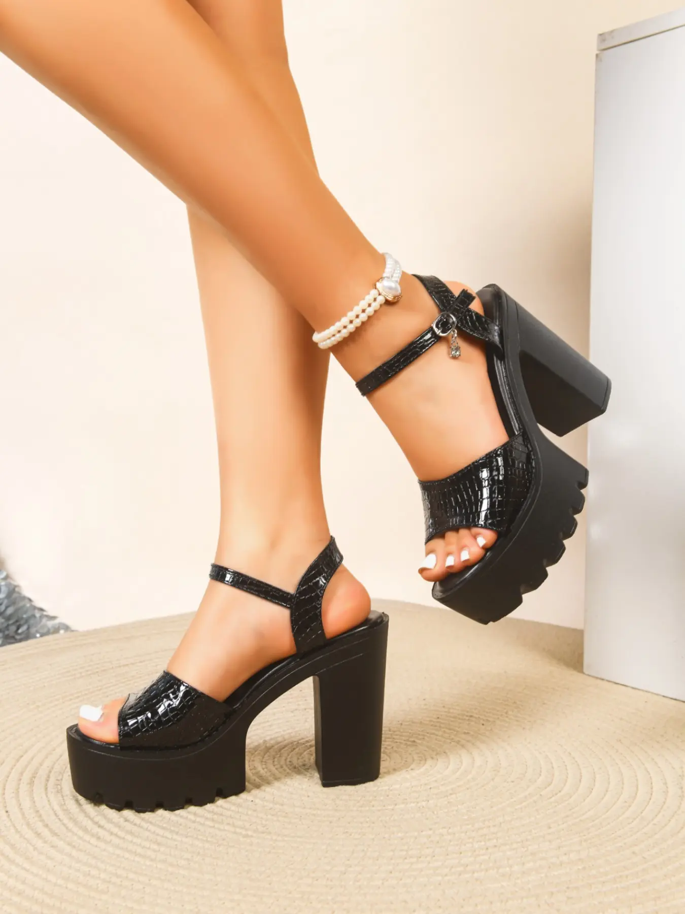 Summer New Sparkle Chunky Heel Waterproof Platform Sandals, Pointed Toe Open Toe Strap High Heels, Sweet Cool Punk Style Women's Shoes