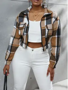 Women's Fall Winter Plaid Button-Front Pocket Jacket, Casual Fitted Long Sleeve Woven Outerwear Coats