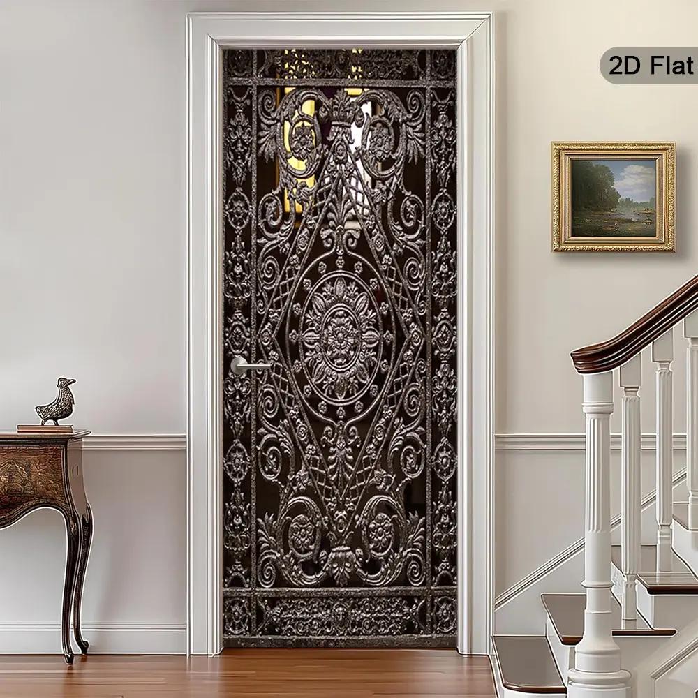 2D Flat Metal Craft Door Stickers, Decorative Decal, Gothic Modern Design, Self-Adhesive Complex Pattern, Vintage Wall Decor, Wall Art Stickers, Home Decoration for Hallway, Living Room, Bedroom, Office