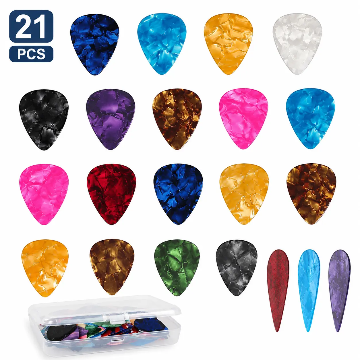 21-Pack Guitar Picks with Storage Organizer Box, 3-Thickness (Thin-Medium-Heavy) Plectrums for Acoustic, Electric, Bass, Ukulele, Gift for Players