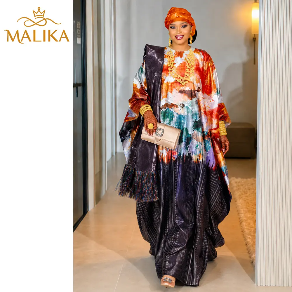 Women's New Arrival Bazin Riche Batwing Top Maxi Gown, Cotton Blend Graphic Print Boubou Dress with Scarf & Shawl for Nigerian French Evening Sewing Parties
