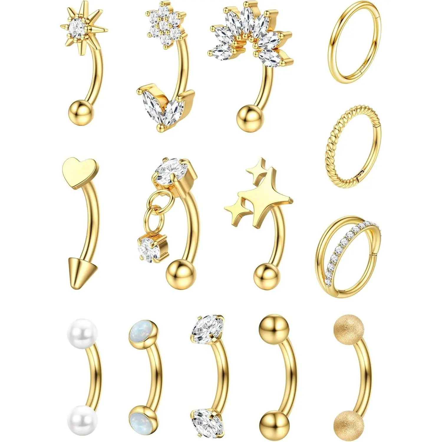 CASSIECA 16G Rhinestone Surgical Steel Curved Barbell Body Jewelry Set, 14 Pcs Body-Safe Dainty Hoop Piercing Jewelry for Women’s Rook, Daith, Cartilage Piercings, Summervibes Design, Body-Safe Piercing Jewelry