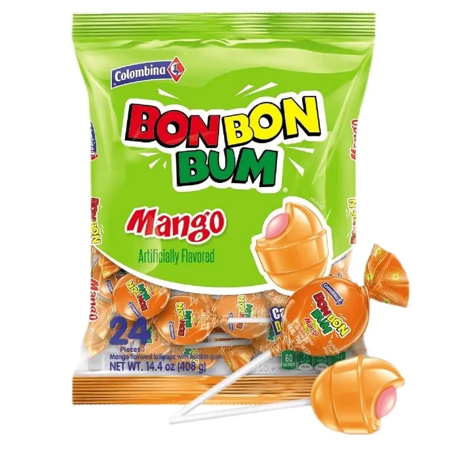 COLOMBINA Bon Bon Bum Mango 3-Pack Bundle - Round, Bubble, Candied Fruit, Gum Stick, Packaged Lollipops, 14.4 OZ, Round Candy Lollipops