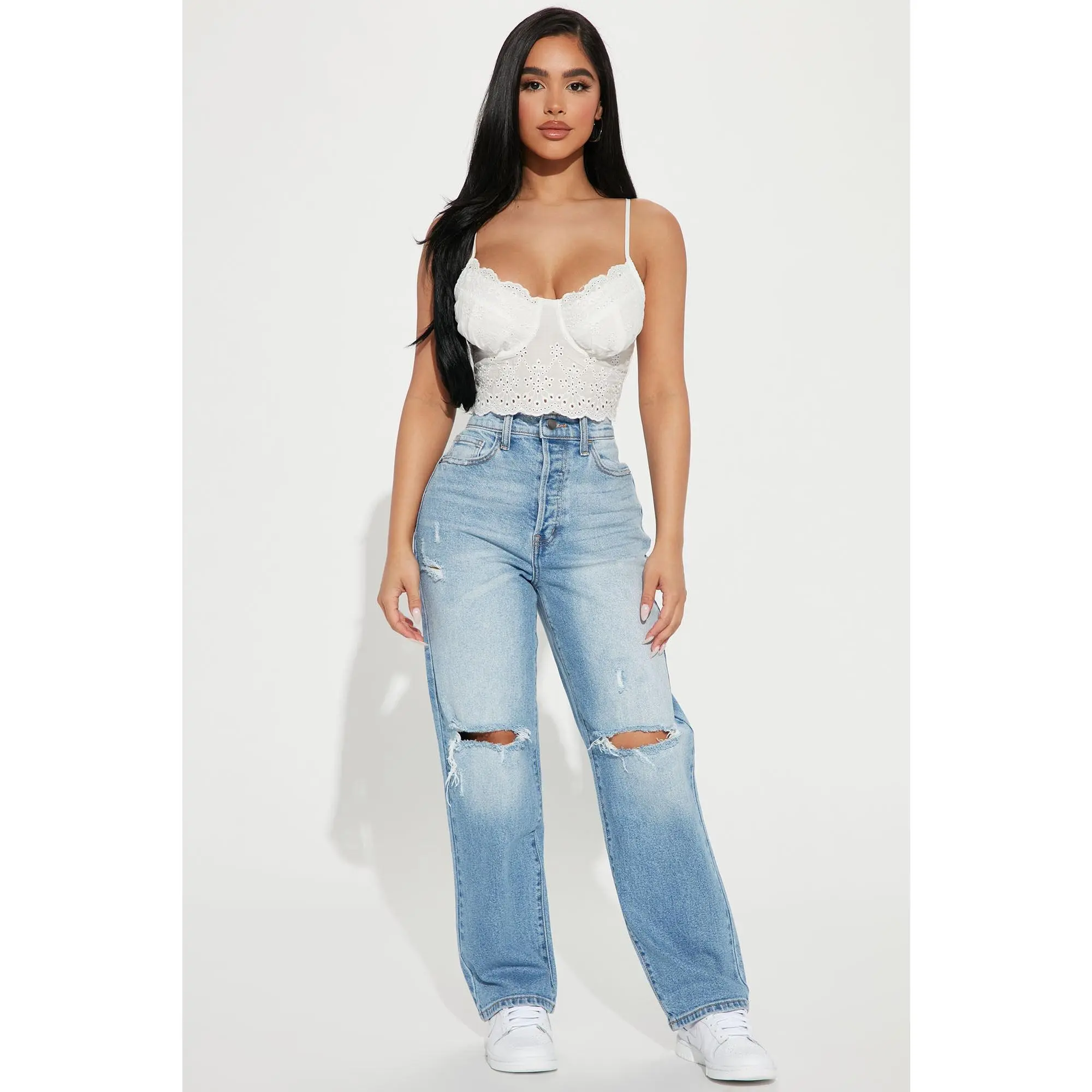 Petite As You Please Ripped Straight Leg Jeans - Light Blue Wash Petite As You Please Ripped Straight Leg Jeans - Light Blue Wash