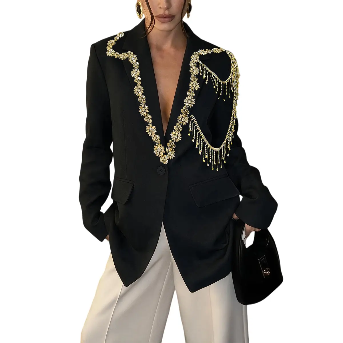 ASANDY Women’s Fitted Rhinestone Blazer Jacket - Chic Crystal-Embellished Tassel Fringe Long Sleeve Top, Statement Piece for Elegant Parties, Pairable with Everyday Jeans & Bodysuits (Trouser Suit Component)