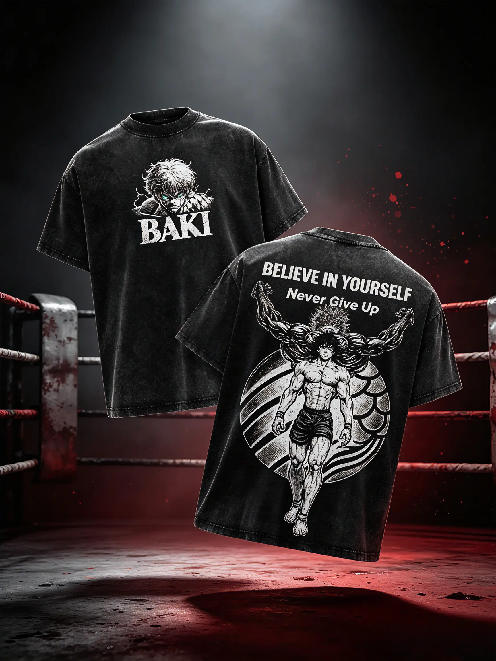 Baki Hanma Vintage Acid Wash T-Shirt, Grappler Anime Tee, Fighting Spirit Graphic Vintage Washed Tee, Men Oversized Anime Graphic Tee Demon Back Gym Pump Cover Workout Streetwear Shirt, 90s graphic good tees Casual American Short Sleeve T-shirt