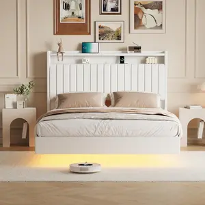 【Christmas Gift】White Queen Size Floating Bed Frame with RGB LED Lights and Storage Headboard Upholstered Platform Bed Frame with Charging Station 50inches Tall Headboard Leather Bed Frame Queen Size No Box Spring Needed White