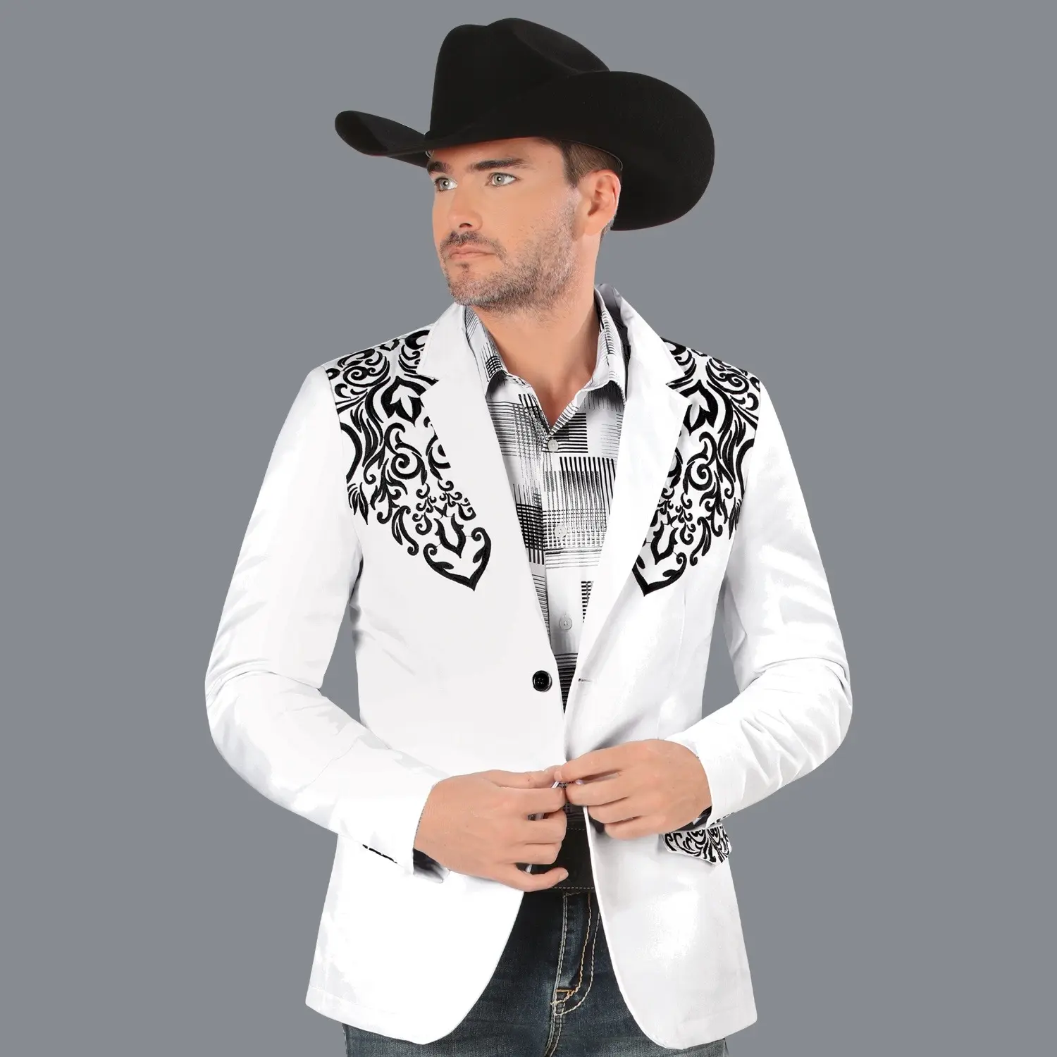 Men's Plaid Double-Button Embroidery Blazer MT2185, Medium-Length Longsleeves All-Season Satin-Lined Suit Jacket, 2 Real Inside Pockets, Workwear Menswear