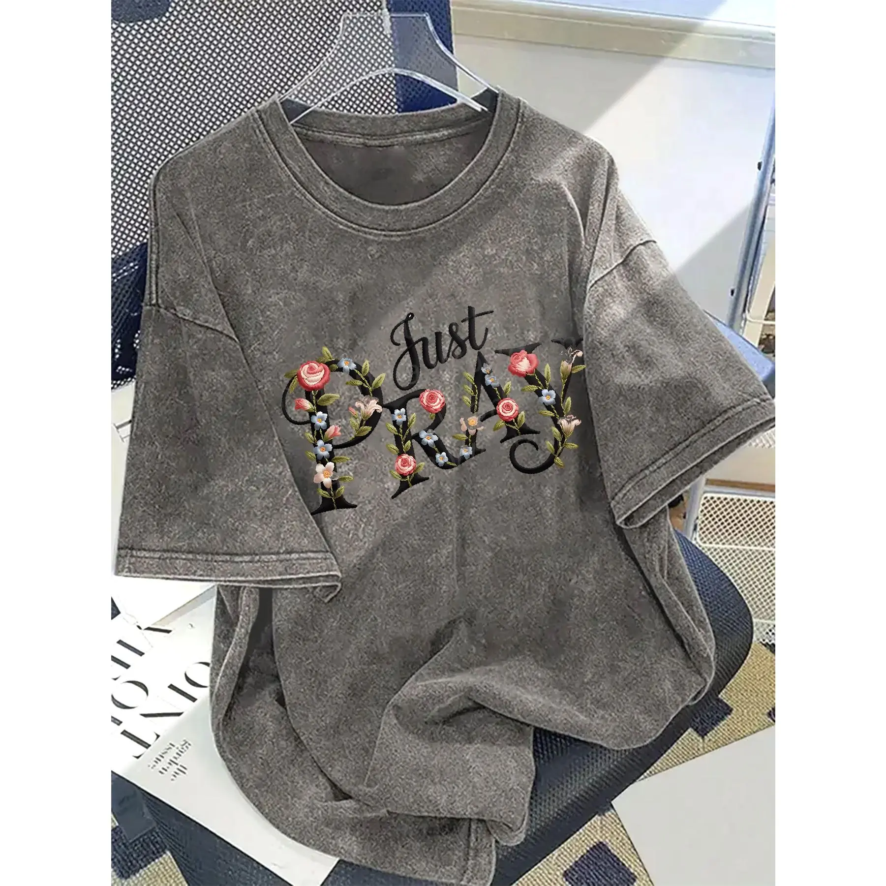 Women's Just Pray Floral Embroidery Short-Sleeve Crew Neck T-Shirt - 100% Cotton Vintage Washed Fabric Casual Summer Clothes, Shortsleeve, Women's Clothes, Shirts For Women