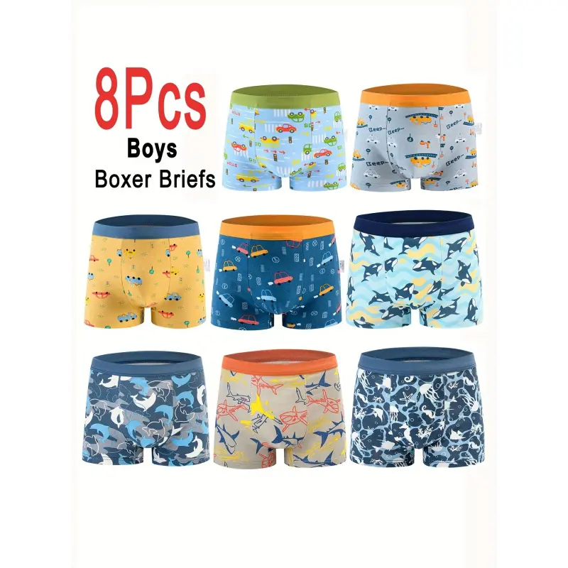 Boys' Cartoon Underwear - 8pcs Boxer Briefs, Cute Print Short Trunks, Kids' Sports Underpants for Daily Wear, Cartoon Boys' Underwear