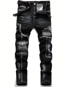 New Motorcycle Style Vintage Classic Denim Jeans, Dark Wash Vintage, Pants, Patchwork, Fashionable Fitted Comfort Fit, Casual Daily Wear, Trendy Multifunctional Design, Menswear, Streetwear, Pocket