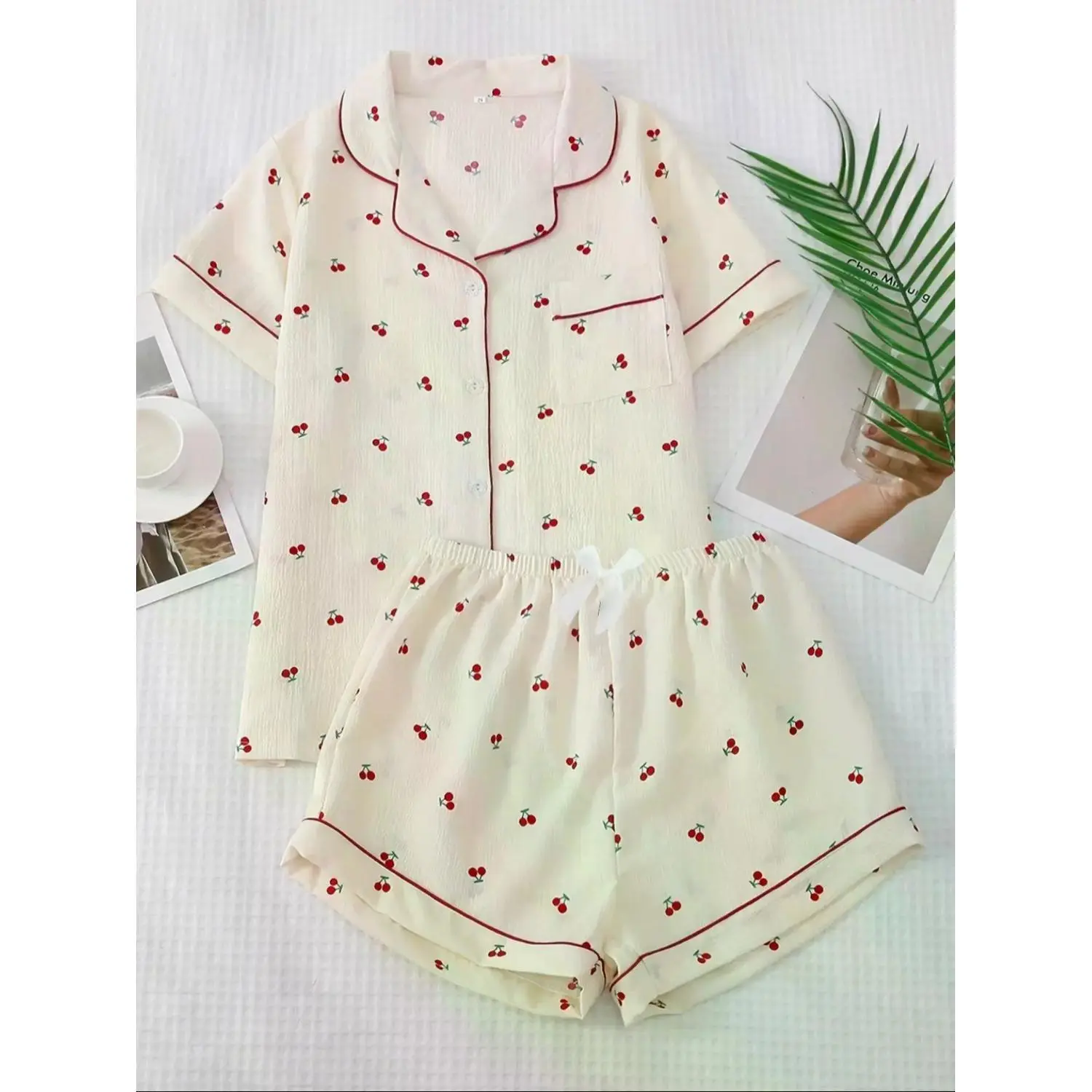 Women's Cherry Print Crop Shirt & Shorts Pajama Set, Casual Comfy Short Sleeve Collared Top & Shorts, Ladies Summer Sleepwear, Fitted Loungewear