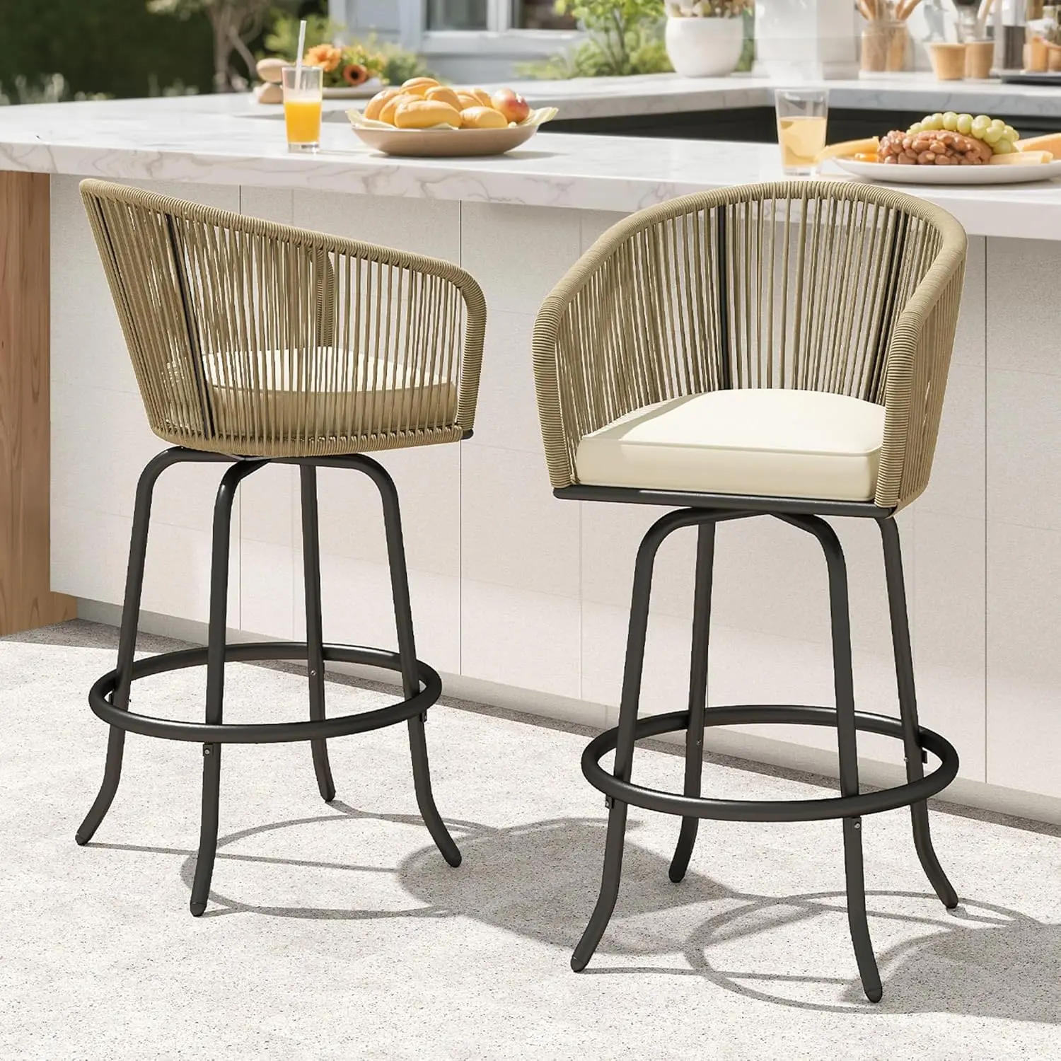 YITAHOME Outdoor Counter Height Bar Stools Set of 2, Patio Swivel Bar Chairs with Soft Cushions, 360° Rotation, Bar Height Rattan Chairs for Backyard, Poolside, Garden