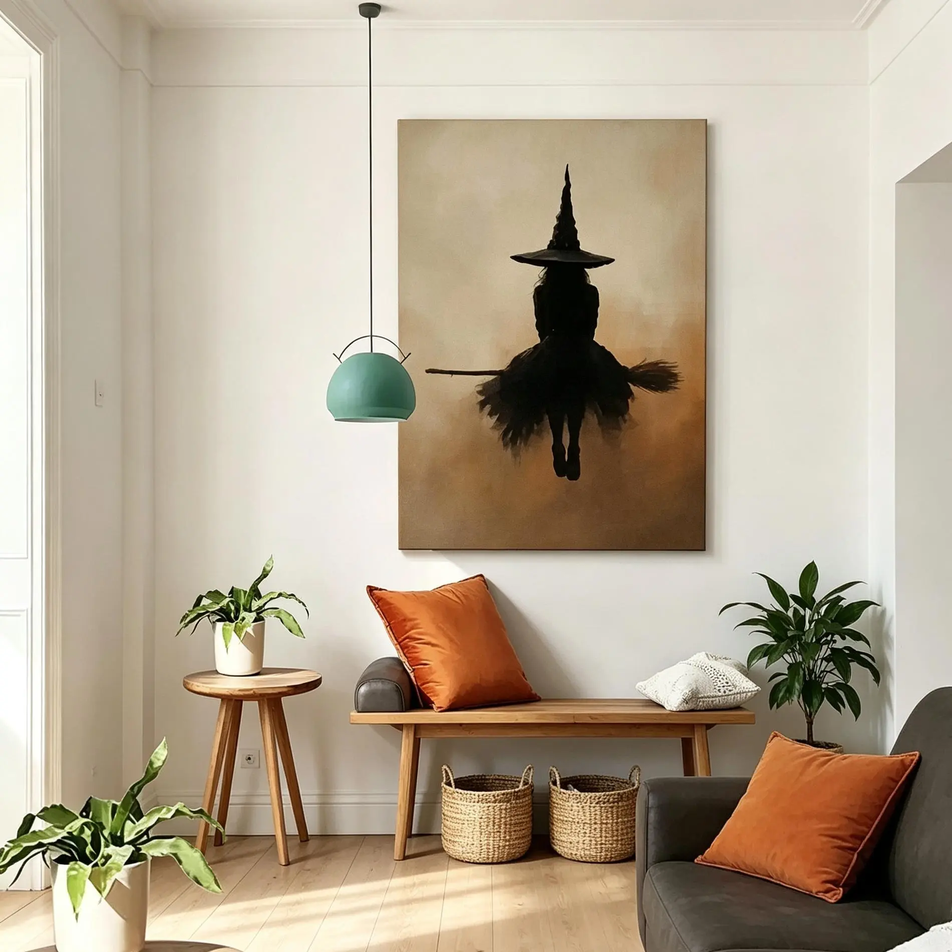 Witch Broom Canvas Wall Art Beige & Black Minimalist Gothic Style Living Room Bedroom Office Hanging Painting Halloween Mother's Day Decoration Mysterious Room Gift Kit, Neutral Spooky Wall Decor, Minimal Witch Silhouette Print, Dark Academia Canvas
