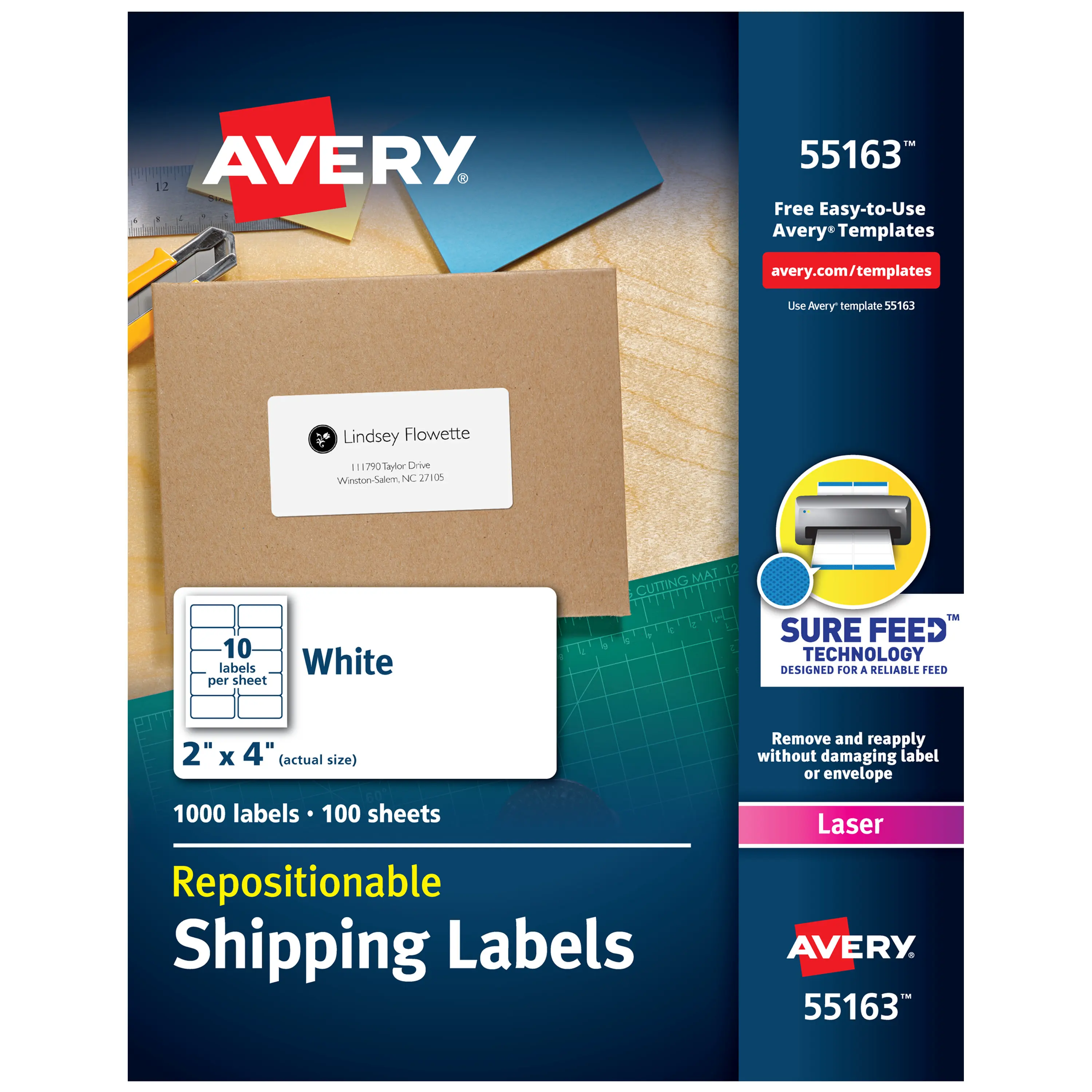 Avery Repositionable Shipping Labels, Sure Feed Technology, Repositionable Adhesive, 2" x 4", 1,000 Labels (55163), Laser Printer, Customized Labels