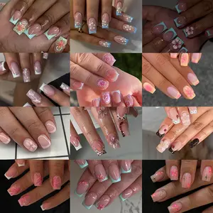 288pcs Short Square Press-On Nails, 3D Gel Nail Art Set, Spring Summer Colors, Peony Flower Design, Acrylic Material, Perfect Fit Kit