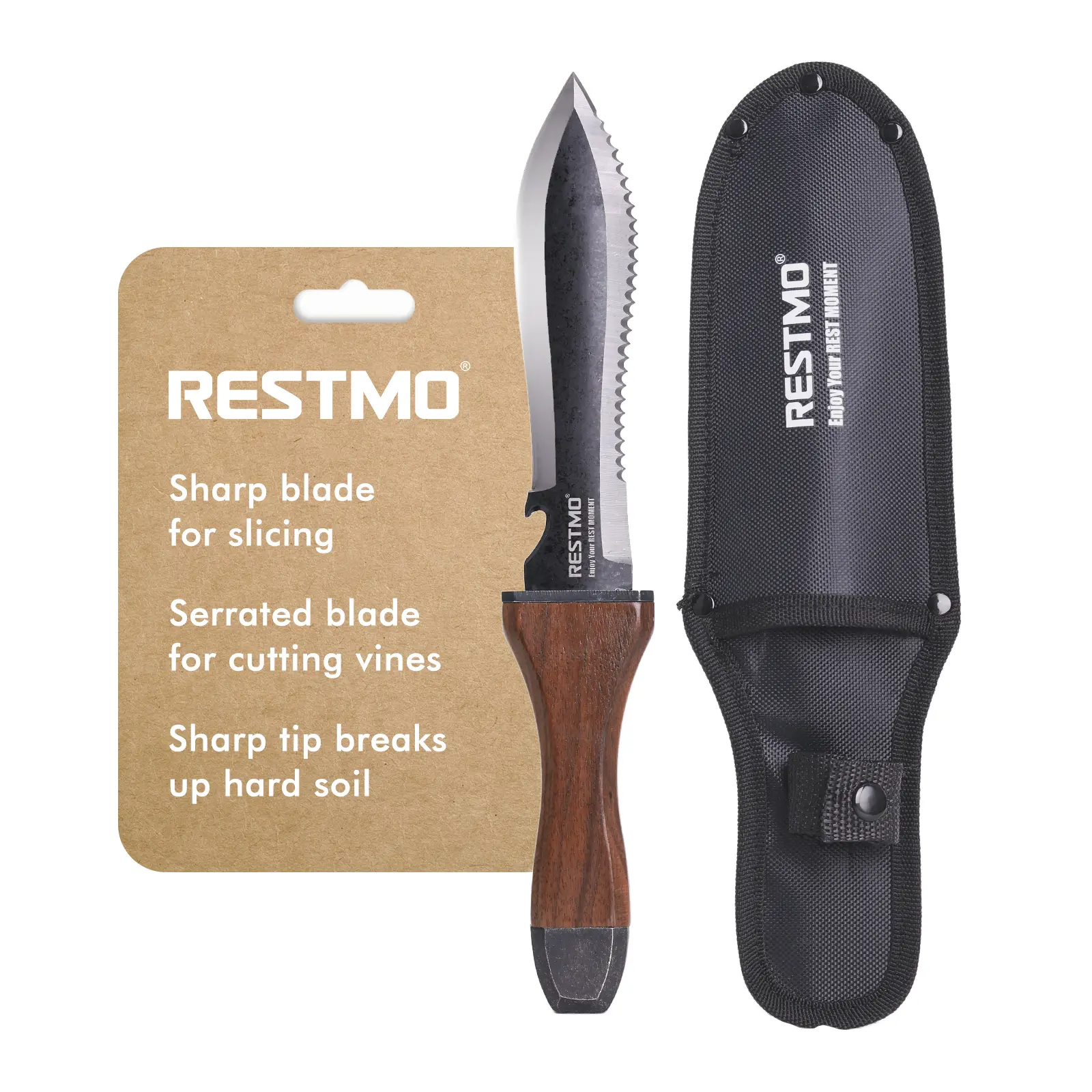 Restmo Hori Hori Garden Knife with Belt Sheath, High-Strength Stainless Steel Dual-Edge Serrated Blade, Ergonomic Walnut Handle, Lightweight Versatile Tool with Tough Materials, Bottle Opener, Inch Markers for Gardening Digging Planting, Easy Storage