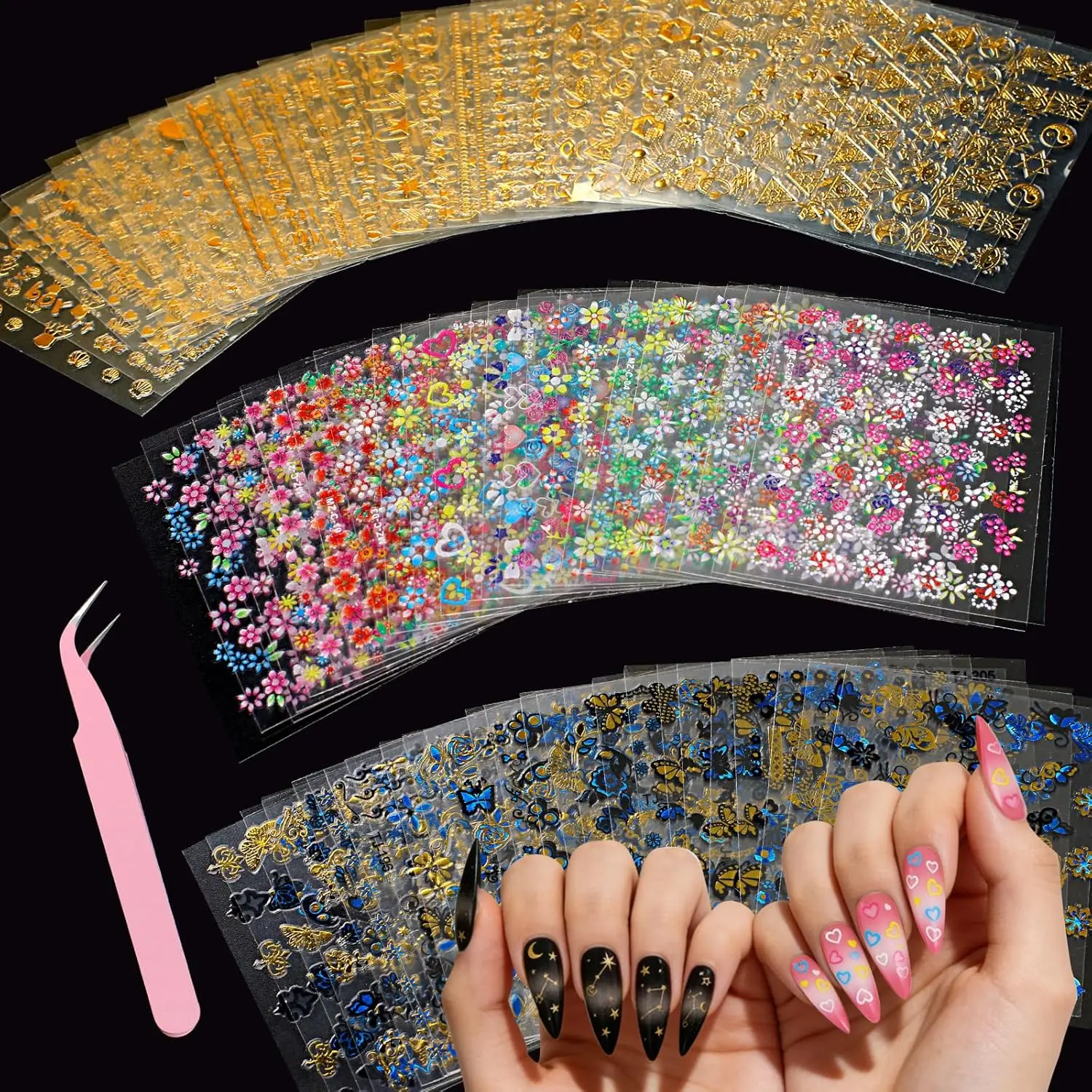 Halloween Fall Gift 90 Sheets Nail Stickers for Nail Art DIY, 3D Nail Art Stickers Decals, Self Adhesive Floral Design Decals for Women and Girls
