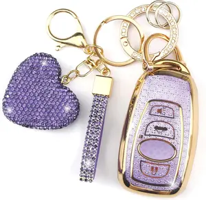 Key Fob Cover with Diamond Keychain Fit for Subaru Car Key Holder Compatible with Subaru Forester Outback BRZ Legacy CrossTrek Smart Remote Key Protector for Women, 4 Buttons (Purple-Heart)