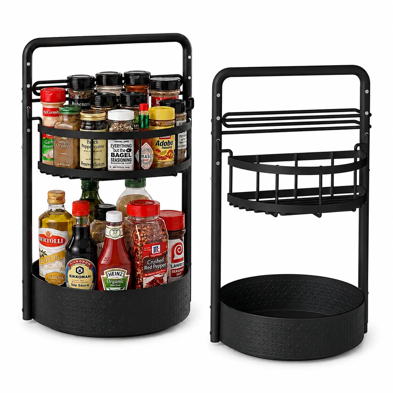 2-Tier Rotating Spice Rack Organizer, 360° Lazy Susan Turntable with Adjustable Metal Shelves, Space-Saving Kitchen Cabinet, Countertop and Pantry Organizer for Spices, Seasonings, Sauces, Condiments, Jars and Bottles
