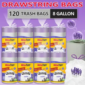 120 Bags 8 Gallon Lavender Aroma Non Tear Expandable Drawstring Plastic DisposableGarbage Bags-Super Strong, Leak-Resistant, Odor-Proof For Bedroom, Kitchen, Living Room,Outdoor, And Toilet Use Trash Bag- Convenient And Sanitary Waste Solution