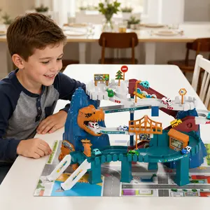 Children’s dinosaur-themed DIY assembly racing track toy,large adventure parking garage with electric ramp,loop track,dinosaur tunnel, bridge, and traffic signs, includes 10 mini cars, STEM assembly game that develops fine motor skills, holiday party gift