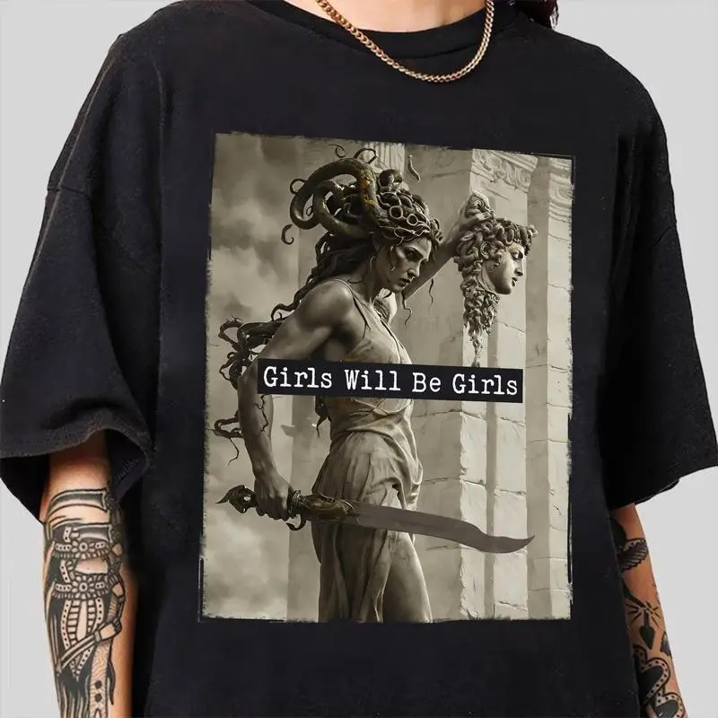 Unisex Medusa Graphic Sports Top - "Girls Will Be Girls" Slogan, Relaxed Fit, Soft 100% Cotton, Breathable Round Neck, Menswear Sporty Chic, 3XL, Print Stays Crisp, Casual Streetwear, No Embellishments