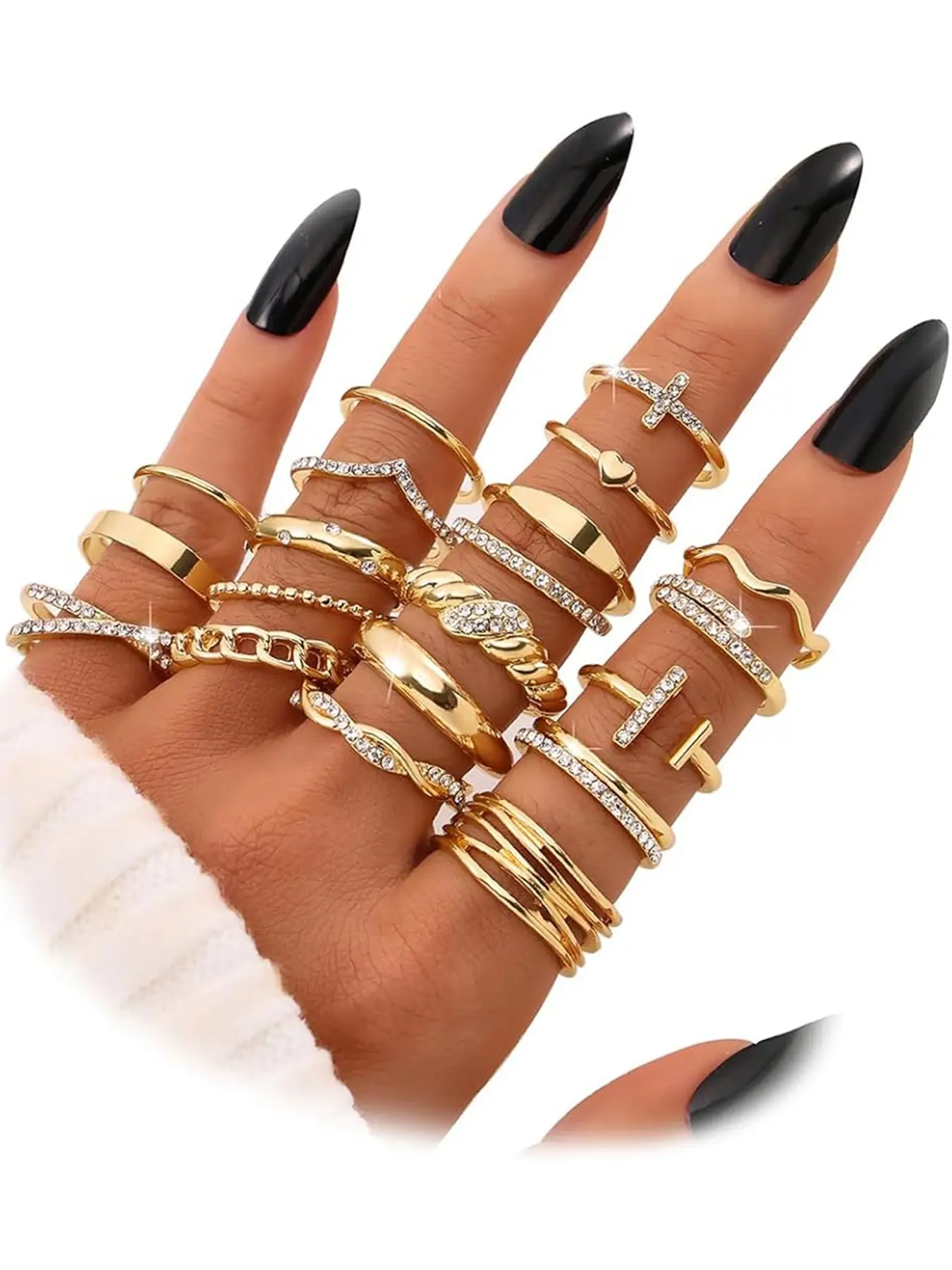 Gold Silver Black Kunckle Rings Set, Casual Trendy Jewelry, Fashion Stackable Rings, Rhinestone Ring Set for Women, Dainty Simple Trendy Cute Stackable Finger Rings Pack, Perfect for Stacking Layering on Thumb and Knuckle, Mixed Size, Jewelry Gift
