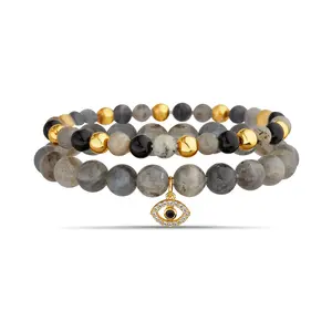 Black Agate and Labradorite Evil Eye Charm Stretch Bracelet Set