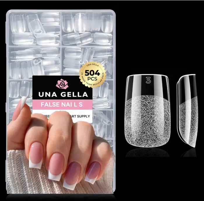 UNA GELLA Nail Tips Square: 504PCS Short Square Nail Tips Pre Etched Gel Fake Nails Tips, No C Curve For Women DIY Nail Extension French Style Salon Home Full Cover Soft Acrylic False Tips 12 Sizes