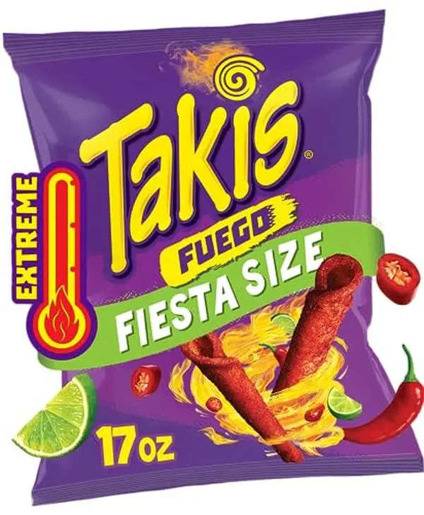 Takis Fuego Rolled Tortilla Chips, 17oz Bag | Extremely Spicy Hot Chili Pepper and Lime Flavor, Corn Snack Chips, Big Party Size for Sharing at Fiestas and Cook-Outs