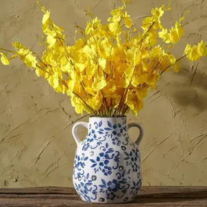 Blue and white vintage round flower vase with 2 handles chinoiserie floral vase retro ice cracked ceramic large vases for home decor living room grand millennial chinoiserie decor 77 inch