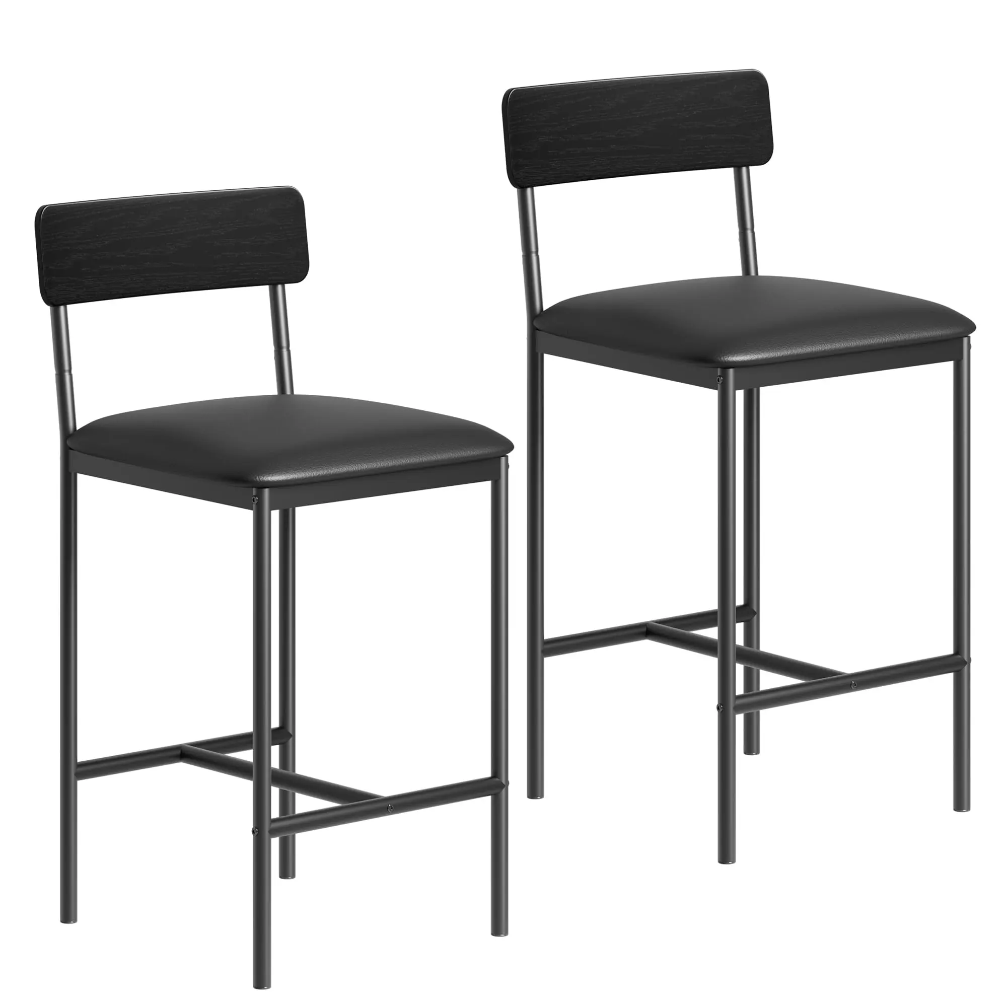 Garvee High Bar Stool, Set of 2 Stools, with Upholstered Backrest and Footrest, for Kitchen, Living Room, Dining Room, 36.8*42*88 cm, Easy Assembly (Black)
