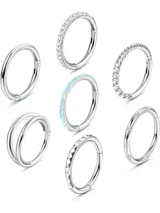 7Pcs 18G 16G Surgical Steel Nose Rings Set Hoops for Women Men Opal CZ Clicker Hinged Segment Septum Lip Hoop Nose Rings Helix Cartilage Conch Daith Rook Earrings Piercing Jewelry Swirly Conch Jewelry 8mm 10mm