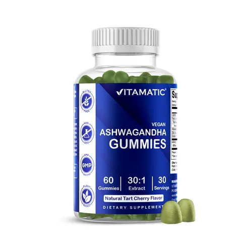Vitamatic Ashwagandha Cherry Edible Gummies - 30:1 Natural Extract, 60 Pieces Vegan Sugar-Free GF Vitamin Botanical Supplement, Daily Wellness Gummies, Chewable Dietary Supplement for Fitness, Healthcare Better for You Candy